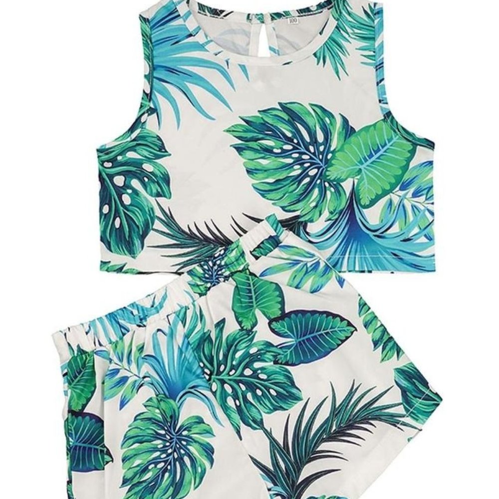 BABY LITTLE GIRL LEAF PRINT SLEEVELESS TOP WITH SH
